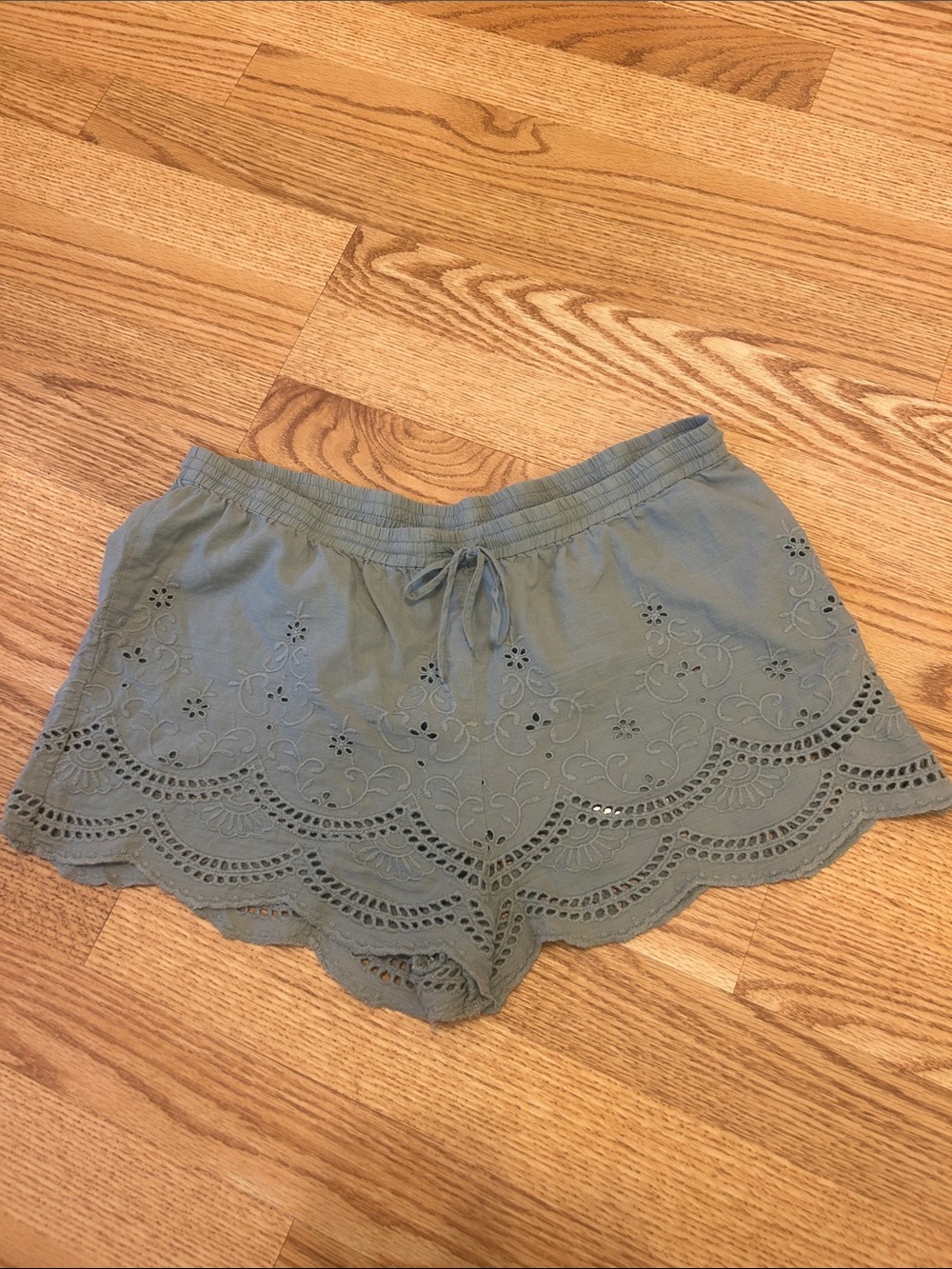 Scalloped Eyelet Drawstring Shorts - Sage
